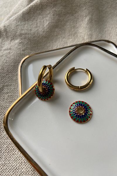 fuya design Ethnic Patterned Enamel Detailed Flower Steel Earrings