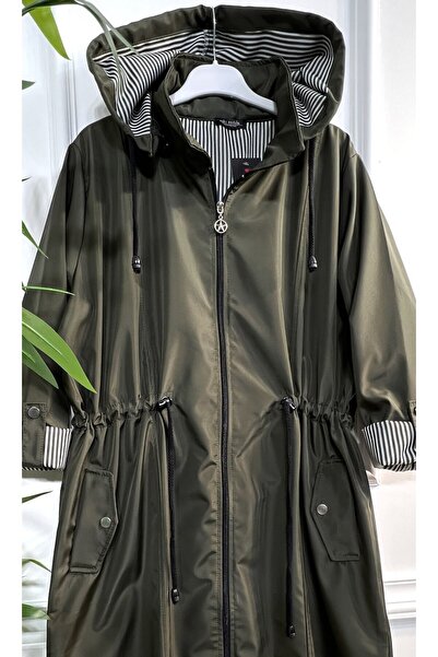 Aşkı Endam Büyük Beden Rüya Çıkarılabilir Kapşonlu İçi Çizgili Ara Boy Trenç - Haki