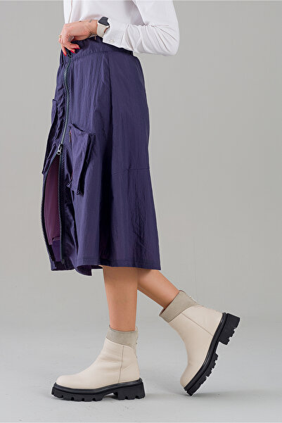 Bold & Young Fustă de parașuta cu buzunar cu fermoar, căptușită fuchsia, de culoare indigo