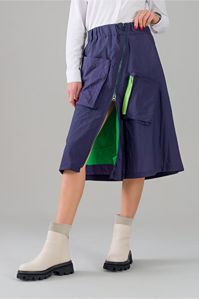 Bold & Young Women's Indigo Color Green Lined Zipper Pocket Parachute Skirt