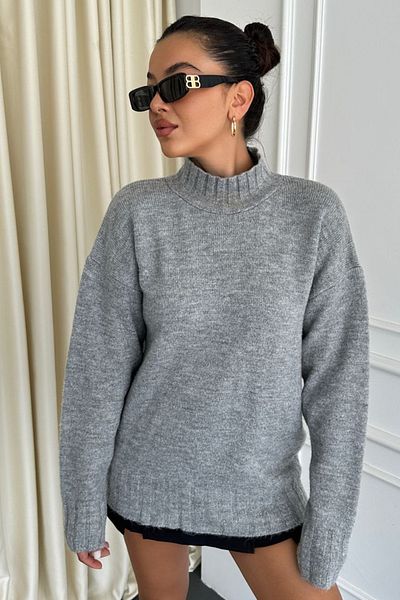 lovebox High Collar Wide Oversize Long Sleeve Gray Sweater 2777