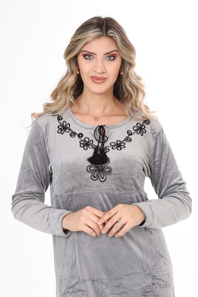 mervemoda Women's Grey neckline embroidered velvet long dress