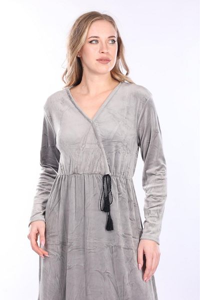 mervemoda Women's Gray double-breasted collar long velvet dress