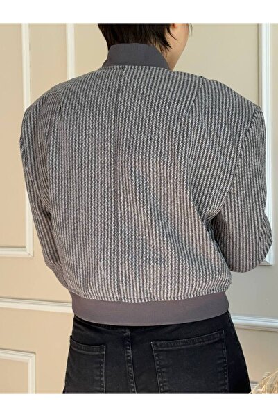 Hotfashion Gray Houndstooth Padded Seasonal Bomber Jacket with Bag Pocket