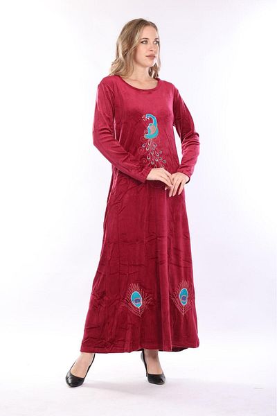 mervemoda Rochie de damă din catifea, cu broderie frontală, detaliată de culoare Burgundy