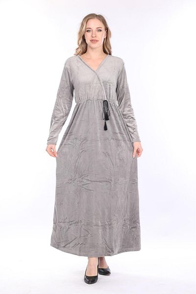 mervemoda Women's Gray double-breasted collar long velvet dress