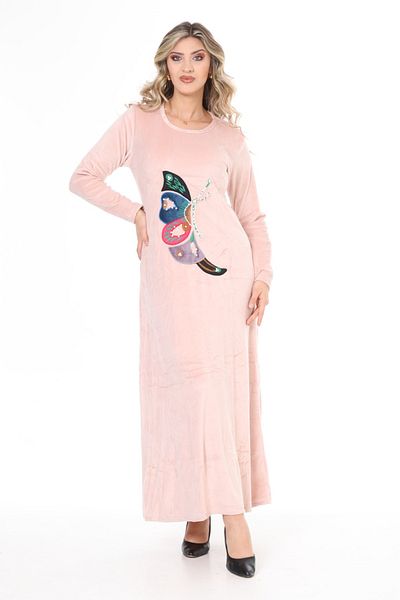 mervemoda فستان نسائي طويل مخملي بتطريز أمامي بودرة