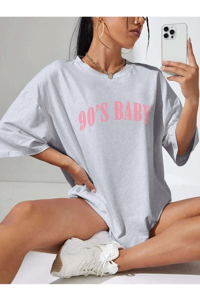 over head oh Ženska siva 90-ih Baby Štampano Oversize T-shirt