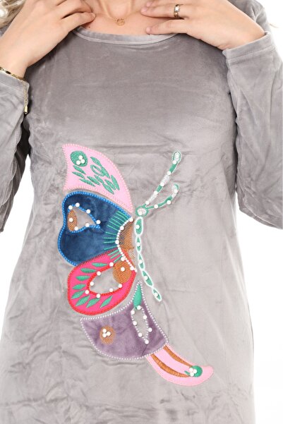 mervemoda Γυναικείο μακρύ βελούδινο φόρεμα σε γκρι μπροστινό κέντημα