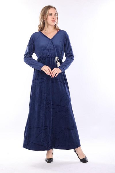 mervemoda Γυναικείο μακρύ βελούδινο φόρεμα Navy μπλε με διπλό γιακά