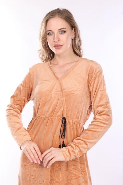 mervemoda Γυναικείο μακρύ βελούδινο φόρεμα με διπλό γιακά Salmon
