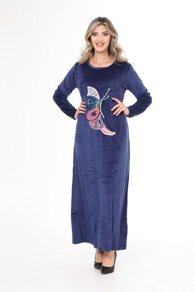 mervemoda Women's Navy blue long velvet dress with embroidery detail on the front