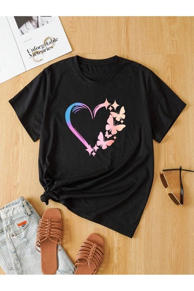 OVER HEAD Tricou de damă oversize negru cu imprimeu fluture