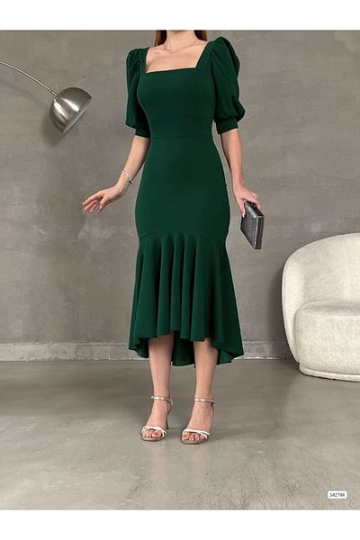 Masspera Square Collar Skirt Ruffle Detail Midi Length Evening Dress