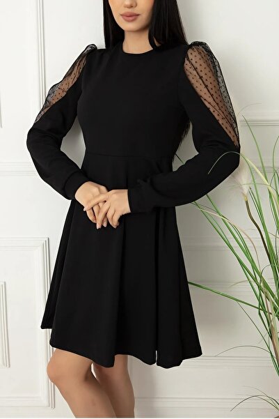 WOMAN VISION Kadın Esnek Kumaş Tül Detaylı Volanlı Uzun Kollu Siyah Abiye 027