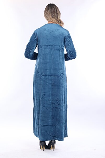 mervemoda Γυναικείο μακρύ βελούδινο φόρεμα με κέντημα σε μπλε γιακά