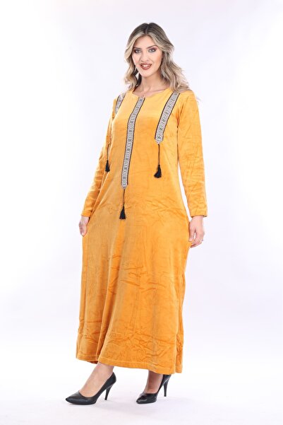 mervemoda Women's Mustard Collar Stripe Detail Long Velvet Dress