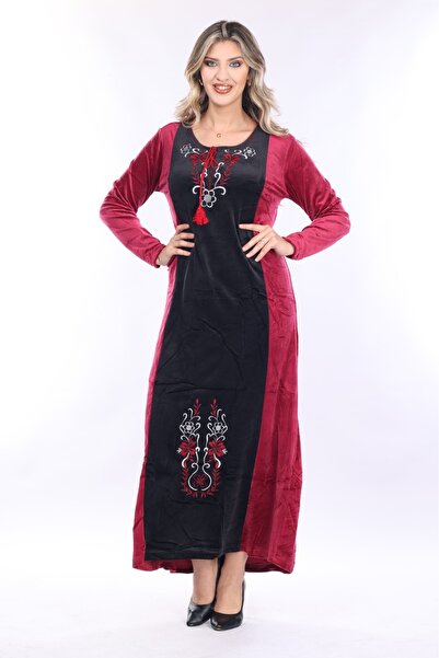 mervemoda Women's Burgundy Collar Embroidery Detail Long Velvet Dress