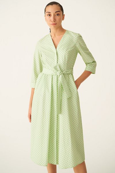 Perspective Marcos Regular Fit V-neck Midi Length Apple Green Ecru Color Dress