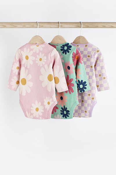 Next Baby 100% Cotton Sage Green Floral Long Sleeve 3-Piece Bodysuit