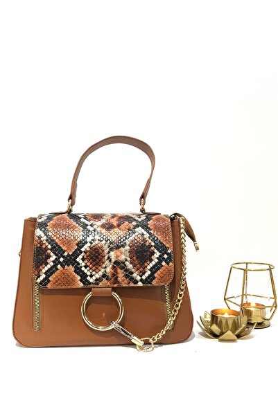 womenacs Tan Color Anaconda Patterned Cover Chain Accessory Women's Handbag with Shoulder Strap