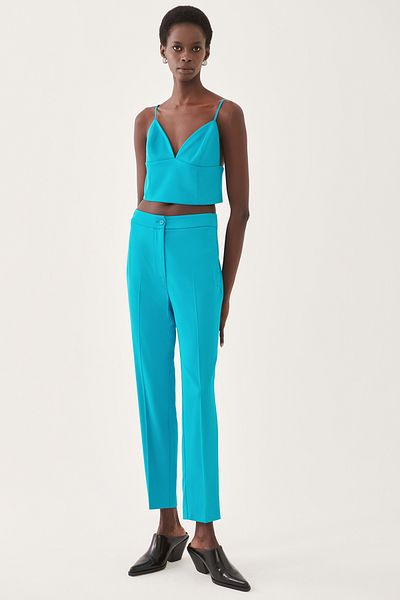 Perspective Ambers Regular Fit Long Length High Waist Turquoise Color Women's Trousers