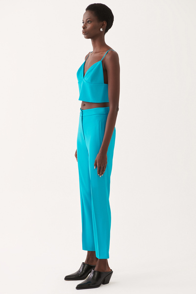 Perspective Ambers Regular Fit Long Length High Waist Turquoise Color Women's Trousers