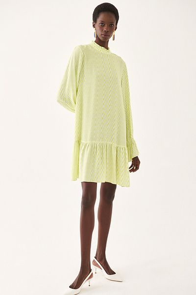 Perspective Anels Comfortable Fit Half Stand Collar Above Knee Geometric Patterned Ecru Lime Color Dress