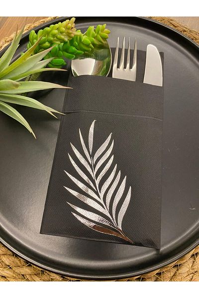 kidspartim 12-Piece Silver Gilded Black Leaf Pocket Napkin - 40x40