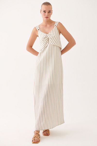 Perspective Mare Ecru Camel Feather Colorful Striped V-collar Long Dress