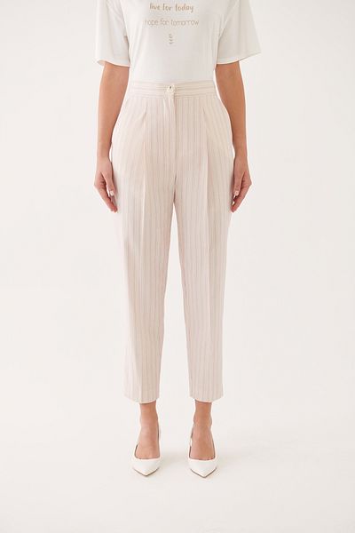 Perspective Adonias High Waist Striped Beige Pink Women's Trousers - Regular Fit Ankle Length