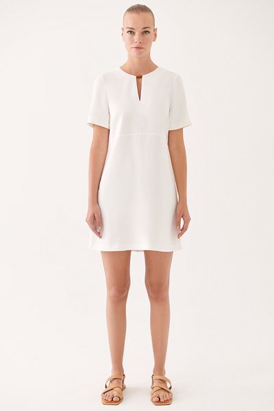 Perspective Merits Regular Fit V-collar Above Knee Ecru Color Dress