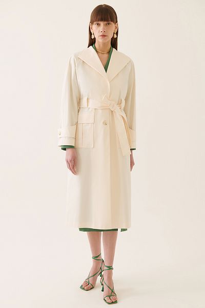Perspective Ecru Colored Women's Trench Coat - Comfortable Fit, Wide Collar, Midi Length