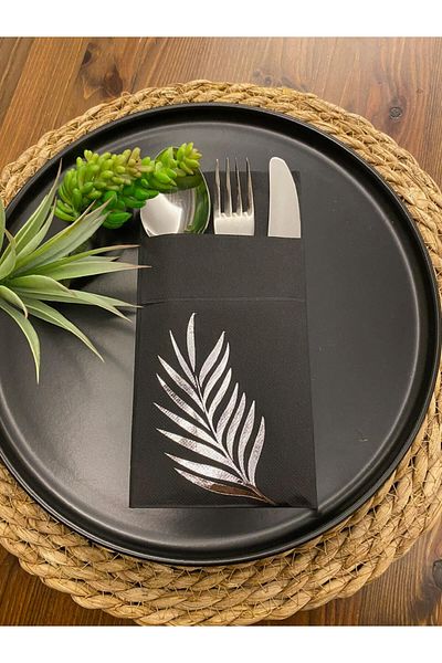 kidspartim 12-Piece Silver Gilded Black Leaf Pocket Napkin - 40x40