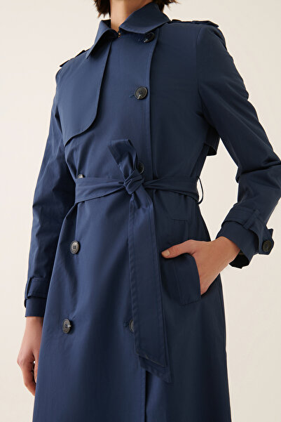 Perspective Adals Regular Fit Men's Collar Midi Length Navy Blue Color Women's Trench Coat