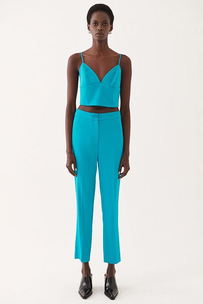 Perspective Ambers Regular Fit Long Length High Waist Turquoise Color Women's Trousers