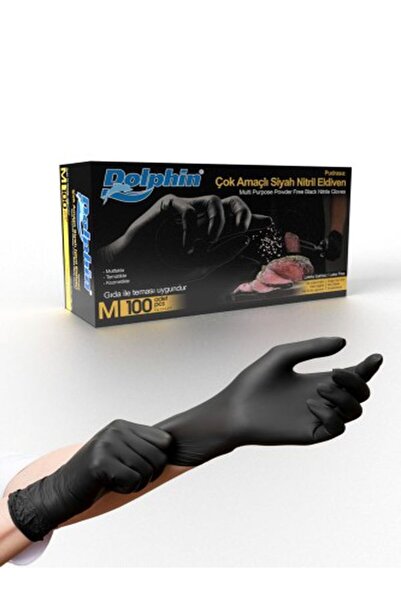 Dolphin Çok Amaçlı Siyah Nitril Eldiven (M) 100lü (Gıdaya Uygun)