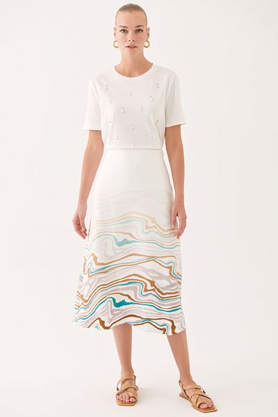 Perspective Anns Comfortable Fit Midi Length Water Patterned Ecru Color Skirt