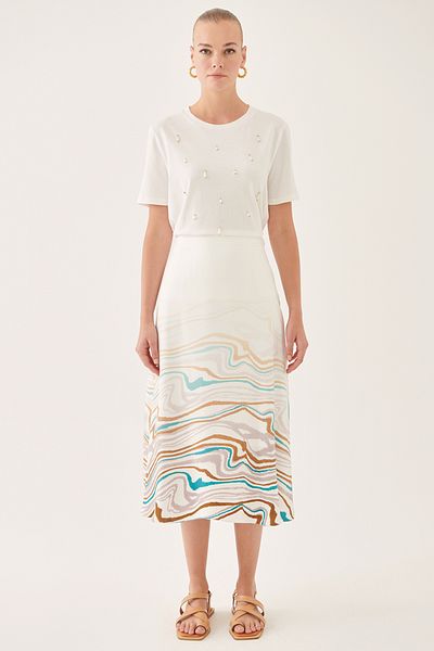 Perspective Anns Comfortable Fit Midi Length Water Patterned Ecru Color Skirt