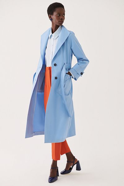 Perspective Blue Colored Women's Trench Coat - Comfortable Fit, Wide Collar, Midi Length