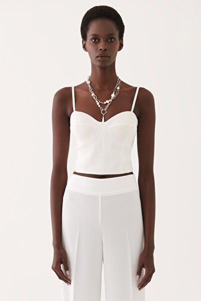 Perspective Martens Slim Fit V-neck Strap Ecru Color Women's Crop Blouse