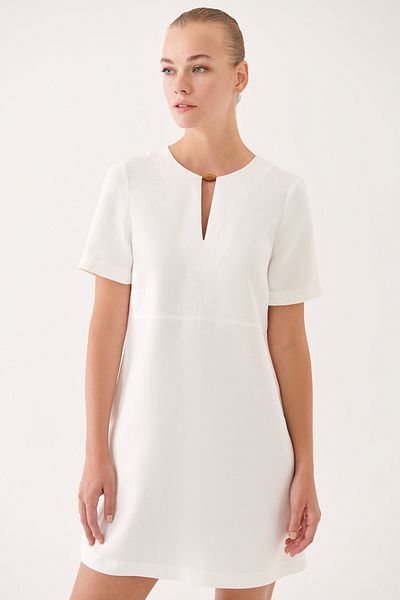 Perspective Merits Regular Fit V-collar Above Knee Ecru Color Dress