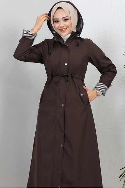 benguen 7010 Long Hijab Trench Coat Brown
