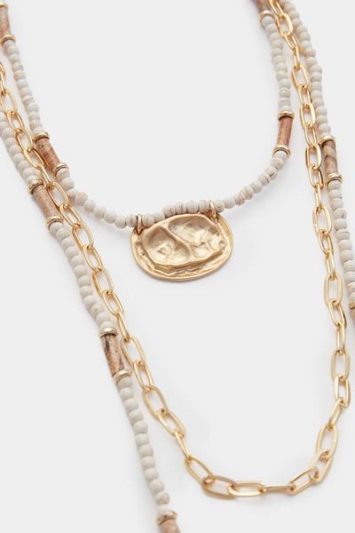 Perspective Gold Colored Multi-Row Wooden Necklace