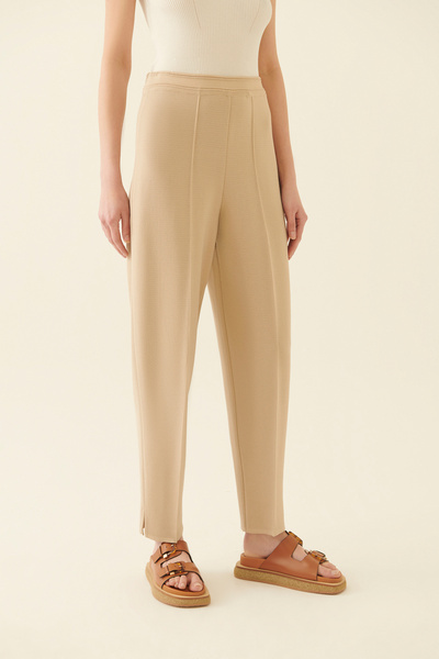 Perspective Illas Regular Fit Ankle Length High Waist Beige Color Women's Knitwear Trousers