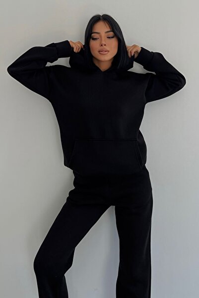 vuvutasarım Σετ φούτερ με κουκούλα καγκουρό με λεπτομέρεια και ελαστικό πόδι, μαύρη φόρμα 400