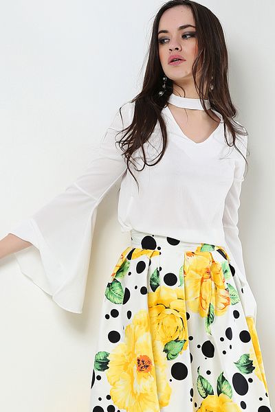 AVORWE Collar Detailed Chest Window Bell Sleeve Chiffon Women's Blouse