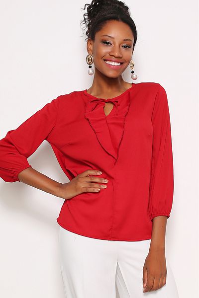 AVORWE Three-Quarter Sleeve Blouse with Ruffle Collar Detail