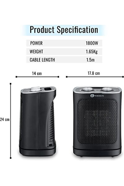 PureMate Seramik Fanlı Isıtıcı, 2 Isıtma Ayarlı 1800W Taşınabilir Elektrikli Isıtıcı