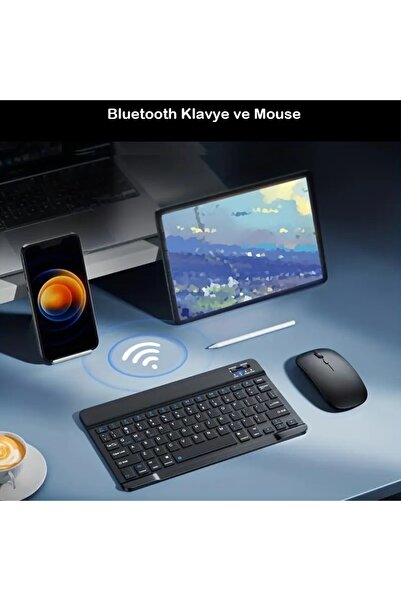 DUHALINE Tablet Telefon Uyumlu Taşınabilir Şarj Edilebilir Kablosuz Bluetooth Türkçe Q Klavye ve Mouse Seti